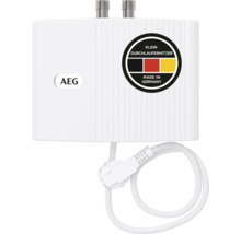 AEG Klein-Durchlauferhitzer mit Netzstecker und zwei Wasseranschlüssen oben. Hergestellt in Deutschland. AEG Logo.