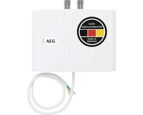 AEG Klein-Durchlauferhitzer, hergestellt in Deutschland, mit AEG Logo, Stromkabel und zwei Wasseranschlüssen an der Oberseite.