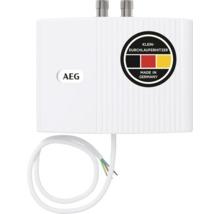 Weißer AEG Klein-Durchlauferhitzer mit Anschlusskabel und AEG Logo. In Deutschland hergestellt.