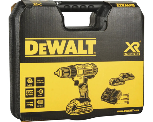 Schwarzer DeWALT Transportkoffer für einen 18 Volt XR Lithium-Ionen Bohrschrauber mit Abbildungen von Gerät, zwei Akkus und Ladegerät. DeWALT Logo.