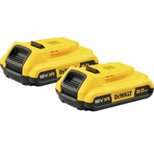 Zwei DeWalt 18 Volt XR Lithium-Ionen-Akkus mit einer Kapazität von 2,0 Amperestunden.
