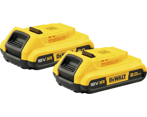 Zwei DeWalt 18 Volt XR Lithium-Ionen-Akkus mit einer Kapazität von 2,0 Amperestunden.