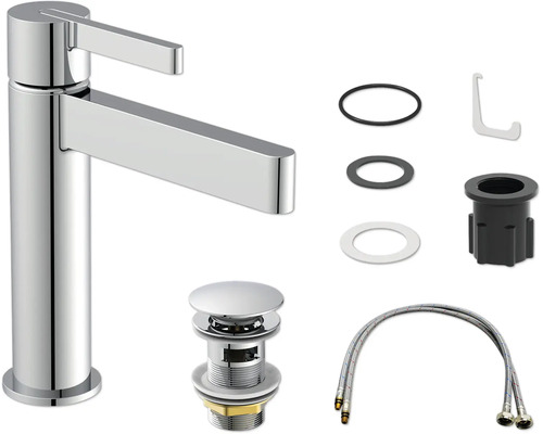 Waschtischarmatur in Chrom-Optik mit hohem Auslauf, Ablaufgarnitur, Dichtungsringen, Montagematerial und flexiblen Anschlussschläuchen.