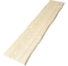 Langes Holzbrett aus Nadelholz mit einer natürlichen Baumkante und sichtbarer Maserung.