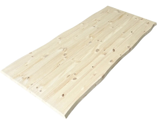 Massivholzplatte aus Nadelholz mit natürlicher Baumkante und sichtbarer Holzmaserung.