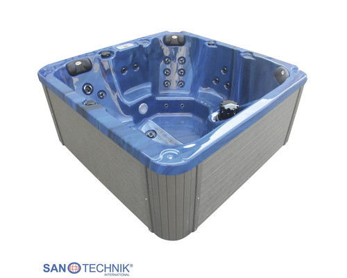 Quadratischer Außenwhirlpool mit blau marmorierter Wanne, grauer Außenverkleidung, Kopfstützen und Massagedüsen. Sanotechnik Logo.