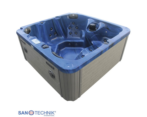 Quadratischer Whirlpool mit blauem Innenbecken, Massagedüsen, Kopfstützen und grauer Außenverkleidung. Sanotechnik Logo.
