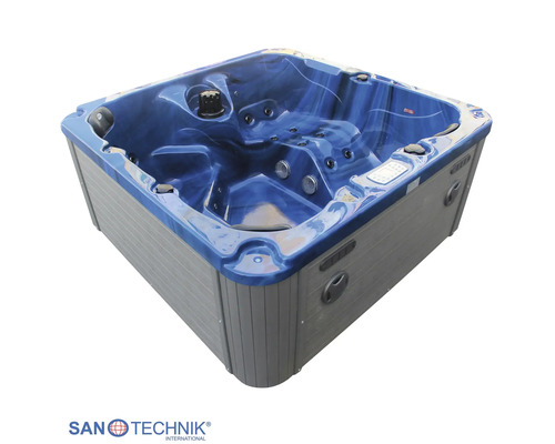 Sanotechnik Außenwhirlpool mit grauer Verkleidung und blauer Wanne, inklusive Massagedüsen und Steuereinheit.