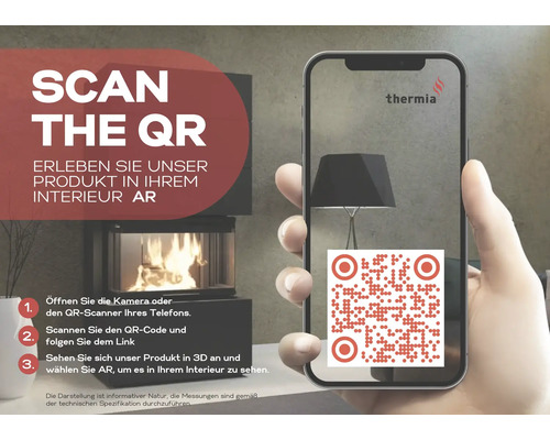 Smartphone zeigt einen Quick Response Code für eine Augmented Reality Ansicht eines Kamins in einem Wohnraum. Thermia Logo.