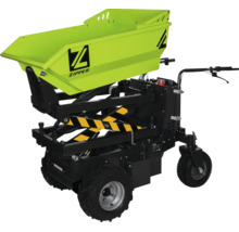Grüner Elektro-Minidumper Zipper mit schwarzem Fahrgestell, kippbarer Mulde und Scherenhubfunktion für den Materialtransport.