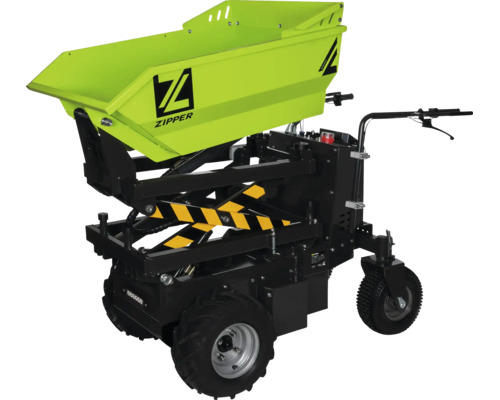 Grüner Elektro-Minidumper Zipper mit schwarzem Fahrgestell, kippbarer Mulde und Scherenhubfunktion für den Materialtransport.