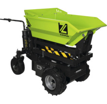Zipper Elektro-Dumper mit drei Rädern, grüner Metallkippmulde und Zipper Logo.