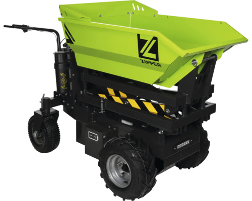 Zipper Elektro-Dumper mit drei Rädern, grüner Metallkippmulde und Zipper Logo.