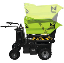 Zipper elektrischer Minidumper mit Hubfunktion und gelber Kippmulde, schwarzes Fahrgestell mit Bediengriffen und Rädern.