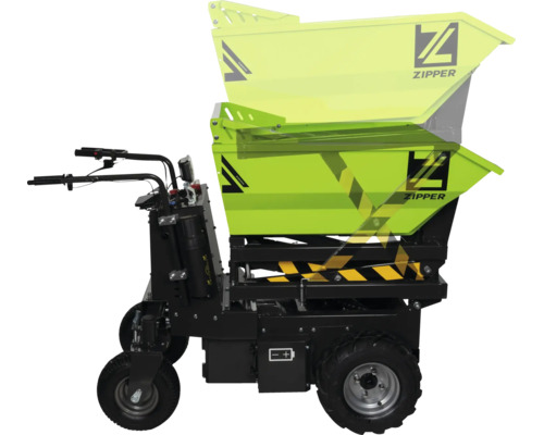 Zipper elektrischer Minidumper mit Hubfunktion und gelber Kippmulde, schwarzes Fahrgestell mit Bediengriffen und Rädern.