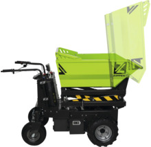Grüner Zipper Elektro-Mini-Dumper mit Hub- und Kippfunktion, vier Rädern, Zipper Logo und schwarzem Fahrgestell.