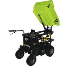 Zipper Elektro-Minidumper mit hydraulischer Hochkippfunktion und Geländebereifung.