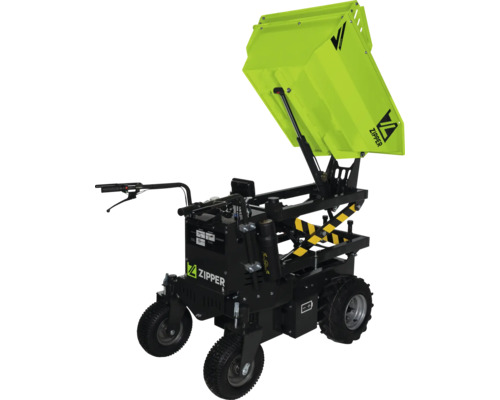 Zipper Elektro-Minidumper mit hydraulischer Hochkippfunktion und Geländebereifung.