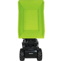 Motorisierter Minidumper mit grüner Kippmulde, Geländereifen und Frontbeleuchtung in der Frontansicht.