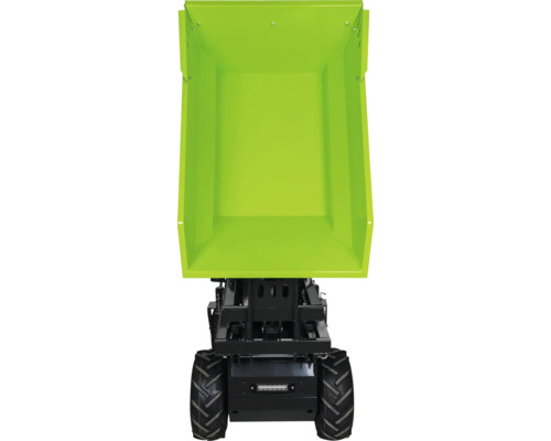 Motorisierter Minidumper mit grüner Kippmulde, Geländereifen und Frontbeleuchtung in der Frontansicht.