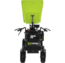 Zipper Motordumper mit hochgeklappter grüner Mulde, schwarzen Handgriffen, Bedienpult und profilierten Reifen.