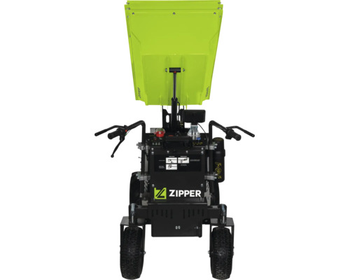 Zipper Motordumper mit hochgeklappter grüner Mulde, schwarzen Handgriffen, Bedienpult und profilierten Reifen.