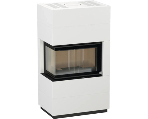 Moderner Systemkamin für Holz mit Eckglas-Sichtfenster und weißer Verkleidung.