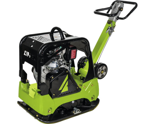 Zipper Vibrationsplatte mit Benzinmotor, Führungsgriff und Transportrollen für die Bodenverdichtung.