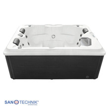 Rechteckiger Whirlpool mit Massagedüsen, Kopfstützen und dunkler Außenverkleidung. Sanotechnik International Logo.