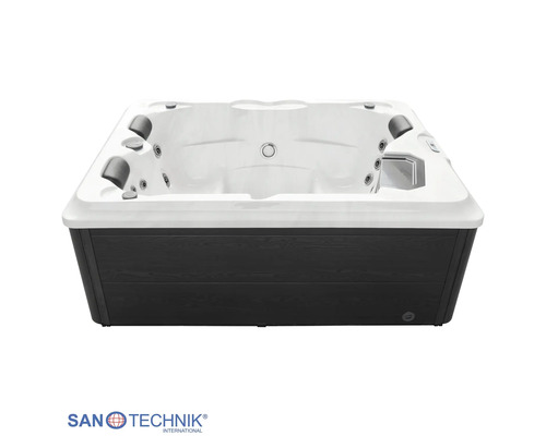 Rechteckiger Whirlpool mit Massagedüsen, Kopfstützen und dunkler Außenverkleidung. Sanotechnik International Logo.