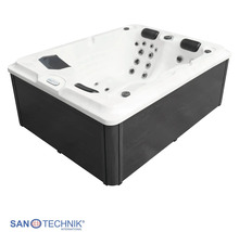 Sanotechnik Whirlpool rechteckig mit weißer Wanne, dunkler Außenverkleidung, Kopfstützen und Massagedüsen.