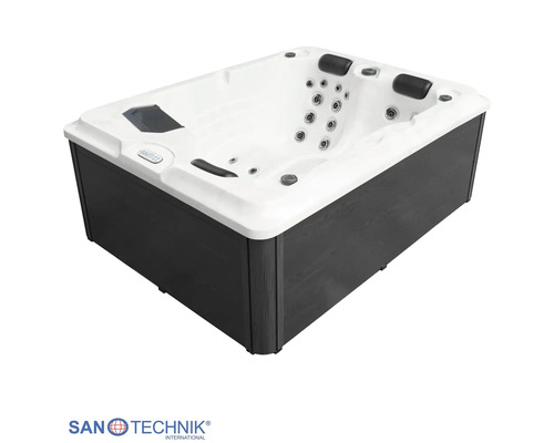 Sanotechnik Whirlpool rechteckig mit weißer Wanne, dunkler Außenverkleidung, Kopfstützen und Massagedüsen.