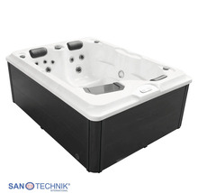Sanotechnik Whirlpool rechteckig mit weißer Wanne, dunkler Verkleidung, Massagedüsen und Kopfstützen. Sanotechnik Logo.