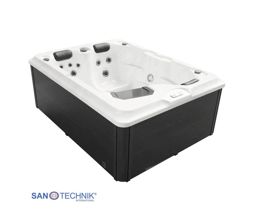 Sanotechnik Whirlpool rechteckig mit weißer Wanne, dunkler Verkleidung, Massagedüsen und Kopfstützen. Sanotechnik Logo.