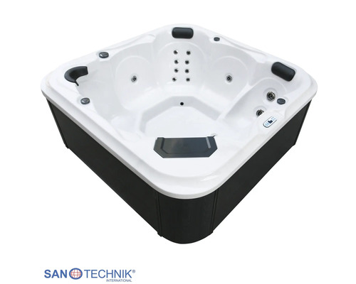 Quadratischer Außenwhirlpool mit weißer Innenwanne, dunkler Außenverkleidung, Massagedüsen und Kopfstützen.
