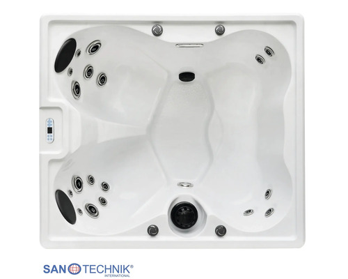 Quadratischer Whirlpool in der Draufsicht mit Massagedüsen, Kopfstützen und Bedienfeld. Sanotechnik Logo.