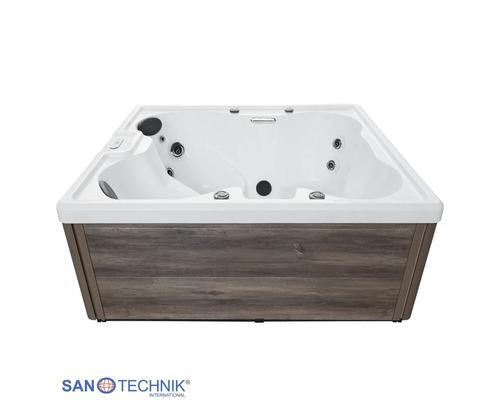 Whirlpool mit Verkleidung in Holzoptik, Massagedüsen und Kopfstütze. Sanotechnik Logo.
