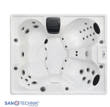 Sanotechnik Whirlpool in der Draufsicht, weiß mit zahlreichen Massagedüsen und integrierter Steuerung.