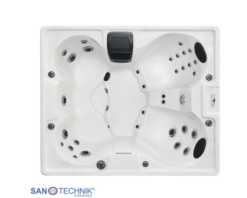 Sanotechnik Whirlpool in der Draufsicht, weiß mit zahlreichen Massagedüsen und integrierter Steuerung.