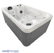 Rechteckiger Whirlpool mit weißer Innenseite, grauer Außenverkleidung, Kopfstützen und Massagedüsen. SanTechnik International Logo.