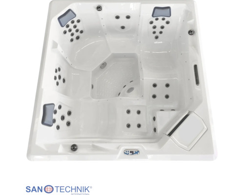 Sanotechnik Whirlpool Draufsicht mit zahlreichen Massagedüsen, Kopfstützen und integriertem Bedienfeld.