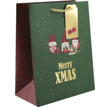 Weihnachtliche Geschenktüte mit drei Wichteln, Geschenken, goldenem Schriftzug Merry Xmas, Kordelgriff und Geschenkanhänger.