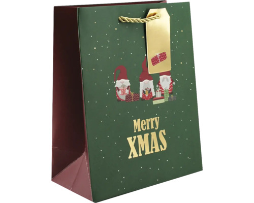 Weihnachtliche Geschenktüte mit drei Wichteln, Geschenken, goldenem Schriftzug Merry Xmas, Kordelgriff und Geschenkanhänger.