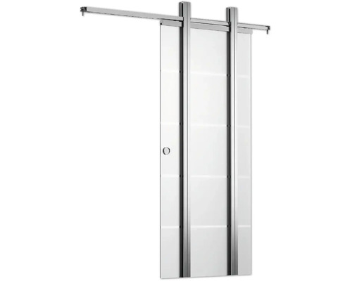 Schiebetür aus Glas mit horizontalen Streifen, silberfarbenes Schienensystem und Griffmuschel.