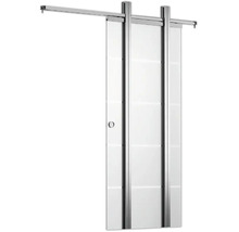 Schiebetürsystem aus Glas mit Metallschienen und einer runden Griffmuschel.