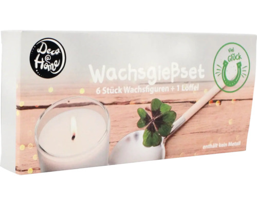 Wachsgießset von Deco @ Home mit sechs Wachsfiguren und einem Löffel in der Verpackung.
