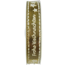 Goldenes Weihnachtsband auf Rolle mit weißem Stickmotiv Frohe Weihnachten und Sternen sowie Ziernaht an den Rändern.