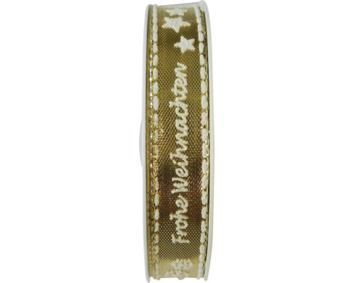 Goldenes Weihnachtsband auf Rolle mit weißem Stickmotiv Frohe Weihnachten und Sternen sowie Ziernaht an den Rändern.