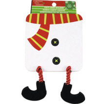 Gutscheinkartenhalter im Schneemann-Design mit rot-gelb gestreiftem Schal, zwei Knöpfen und hängenden schwarzen Stiefeln für Weihnachten.