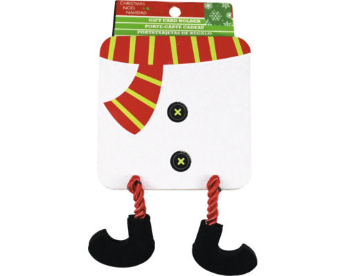 Gutscheinkartenhalter im Schneemann-Design mit rot-gelb gestreiftem Schal, zwei Knöpfen und hängenden schwarzen Stiefeln für Weihnachten.